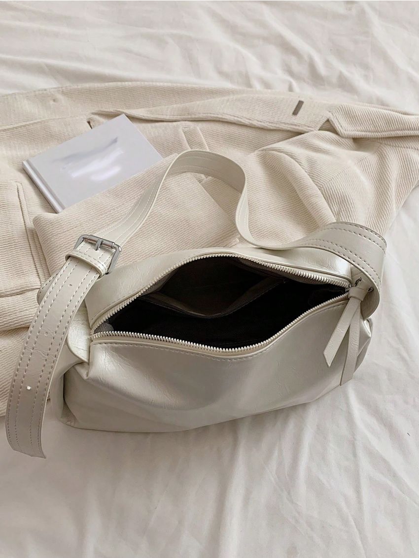 Black Hobo Bag Minimalist Letter Embossed Zipper PU