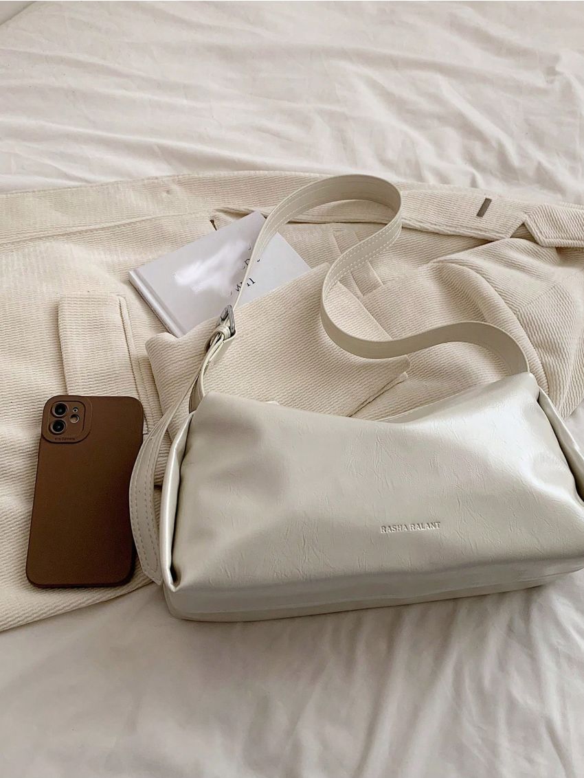 Black Hobo Bag Minimalist Letter Embossed Zipper PU