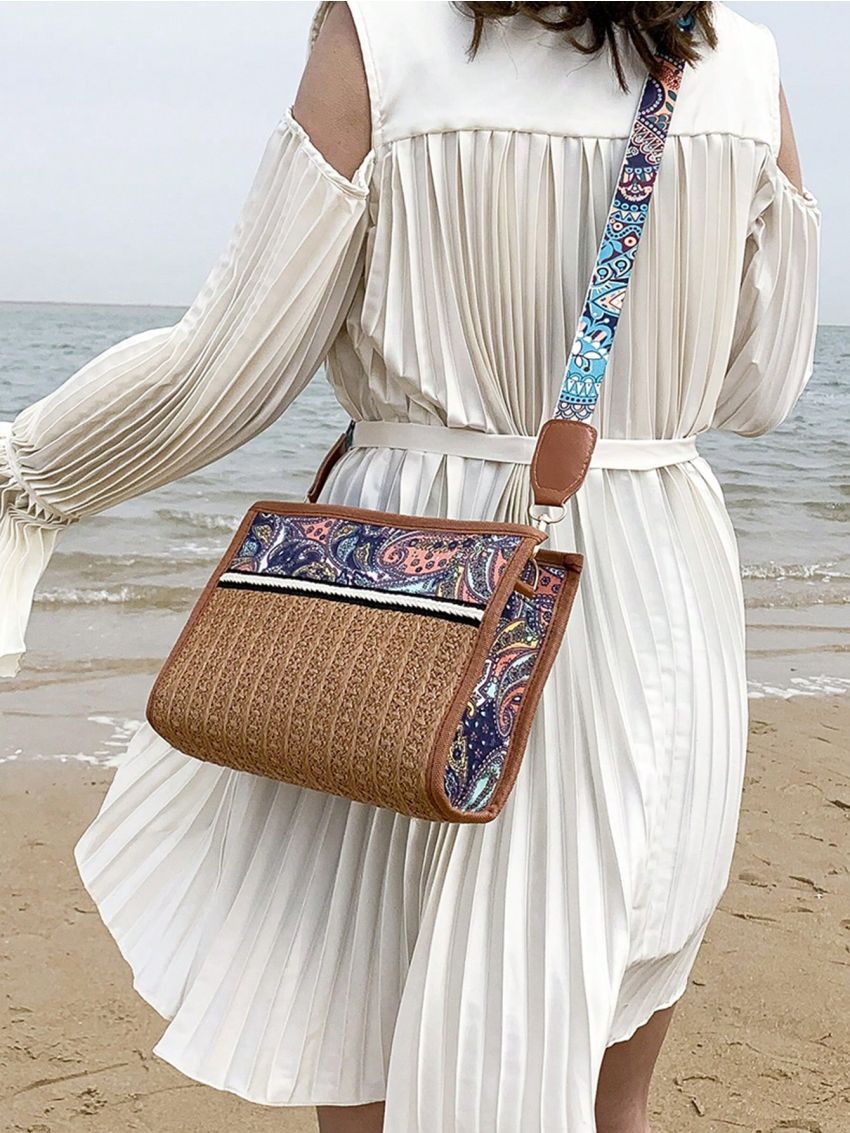 Paisley Pattern Straw Bag Vacation Adjustable Strap