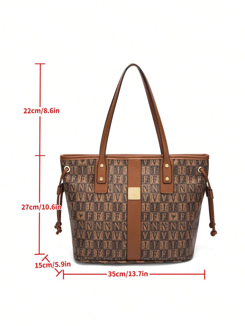 Letter Graphic Shoulder Tote Bag Fashionable Drawstring Detail PU