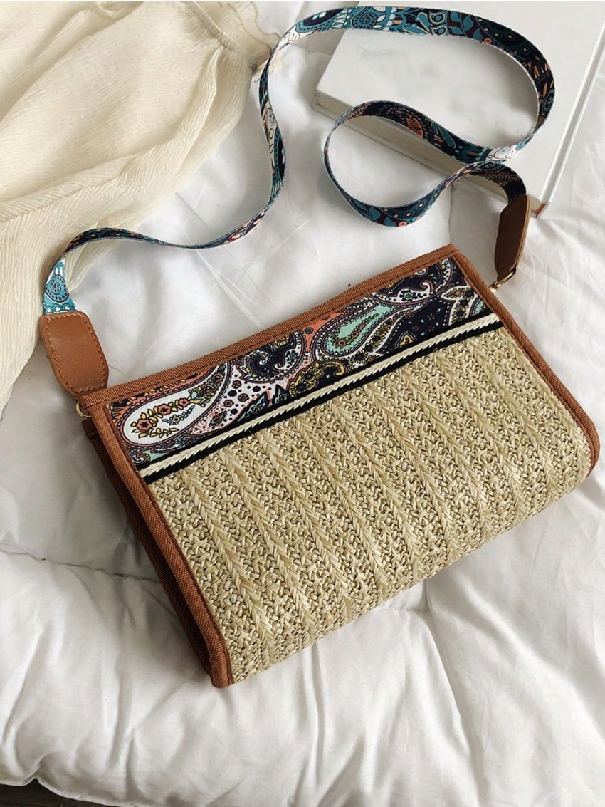 Paisley Pattern Straw Bag Vacation Adjustable Strap