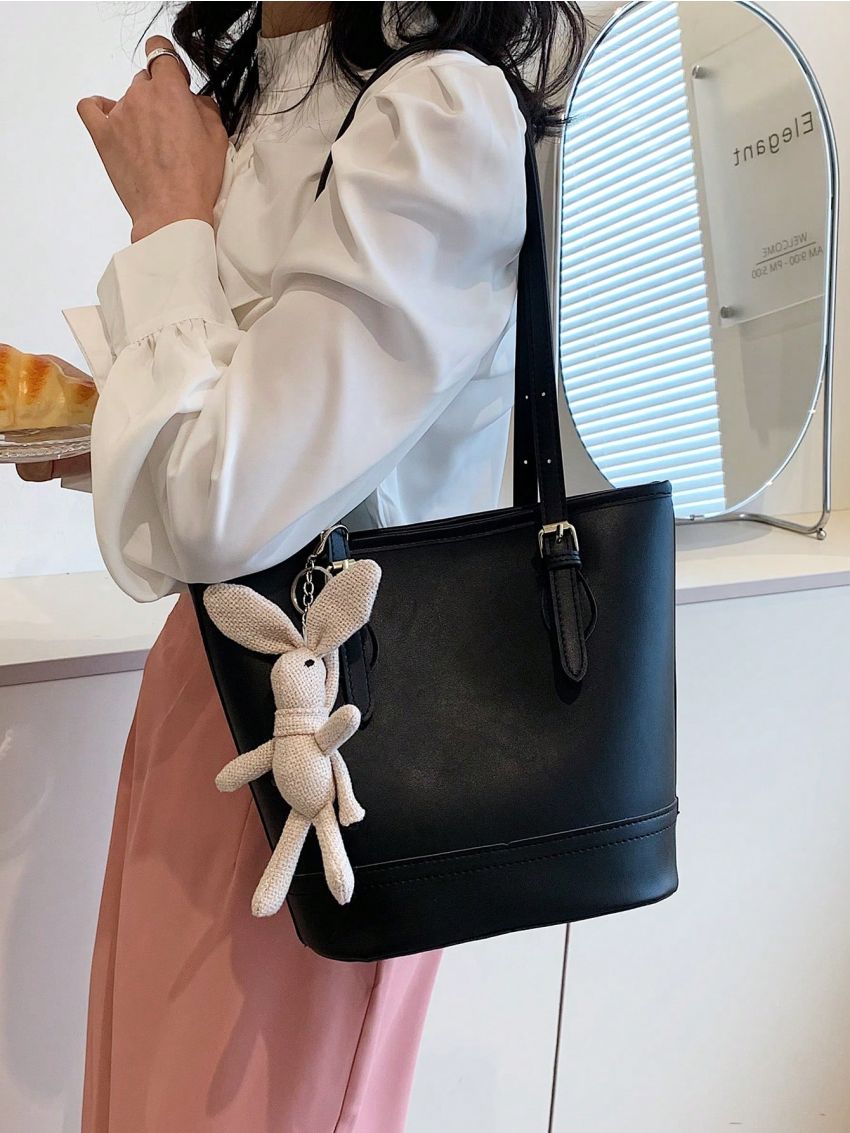 Black Bucket Bag With Cartoon Charm Fashionable Buckle Decor PU