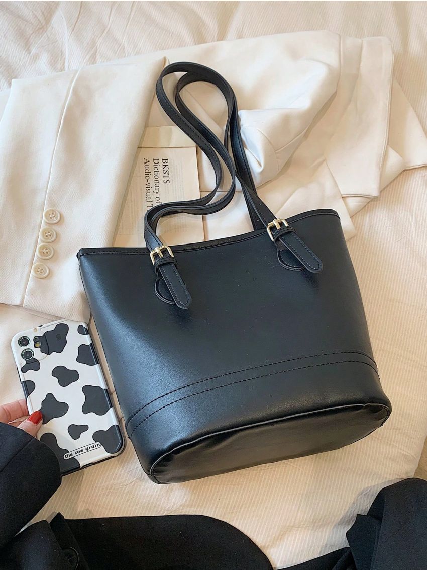 Black Bucket Bag With Cartoon Charm Fashionable Buckle Decor PU