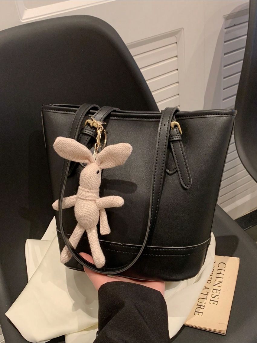Black Bucket Bag With Cartoon Charm Fashionable Buckle Decor PU