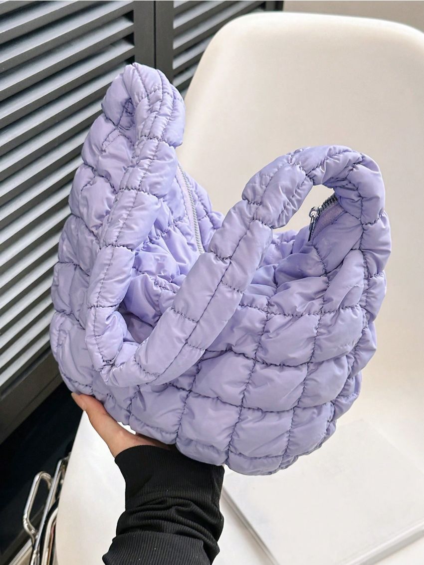 Nylon Hobo Bag Quilted Pattern Zipper Pink