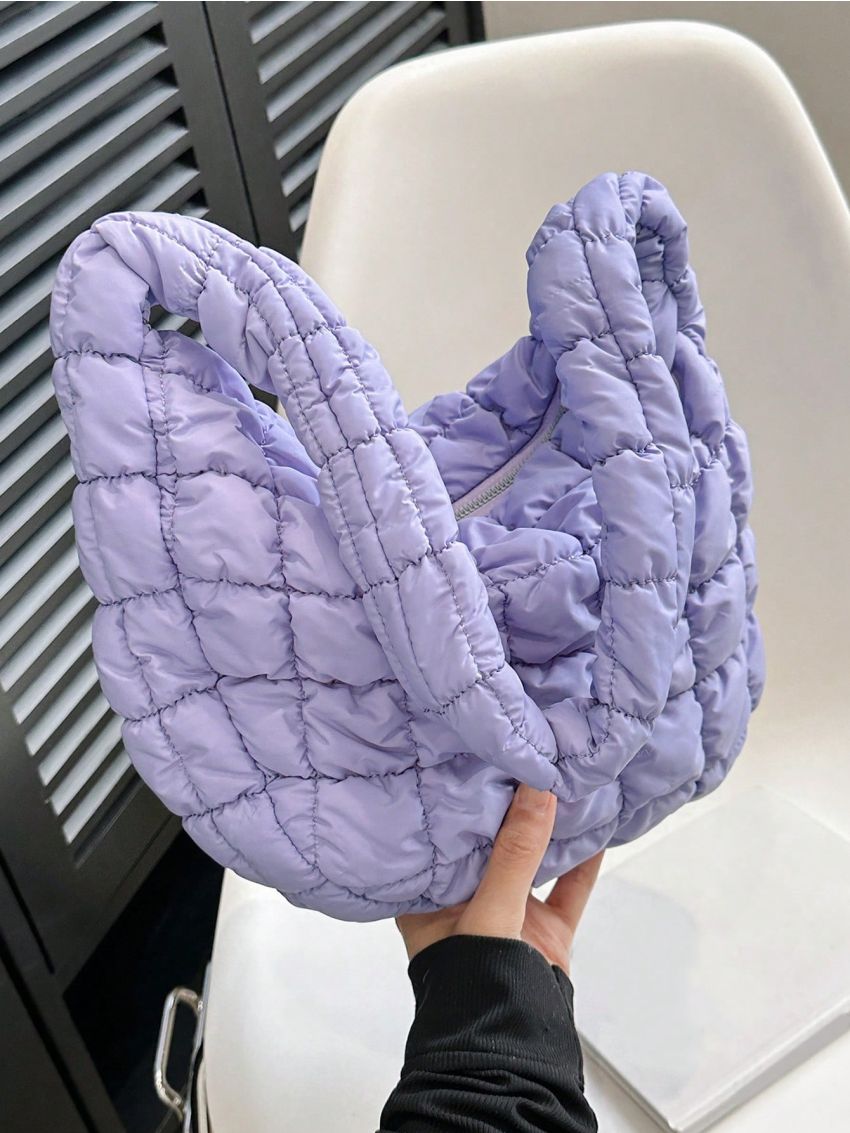 Nylon Hobo Bag Quilted Pattern Zipper Pink