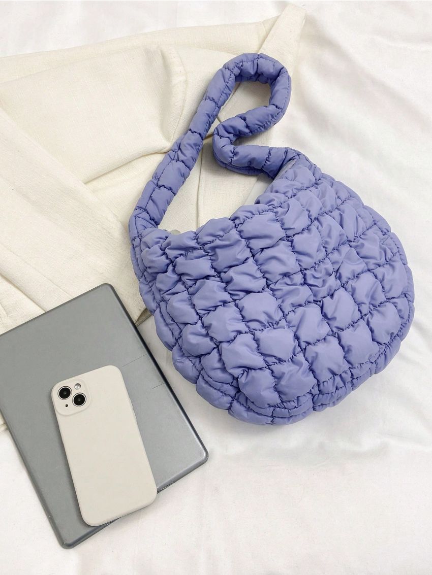 Nylon Hobo Bag Quilted Pattern Zipper Pink