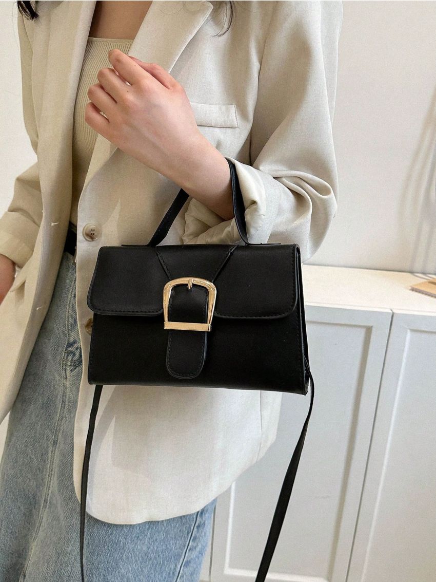 PU Square Bag Buckle Decor Black