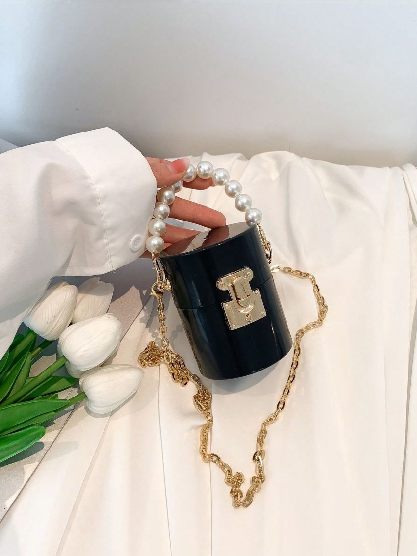 PU Box Bag Chain Faux Pearl Decor Mini