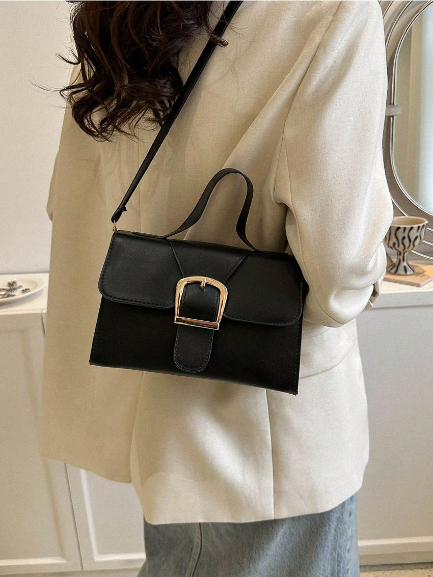 PU Square Bag Buckle Decor Black