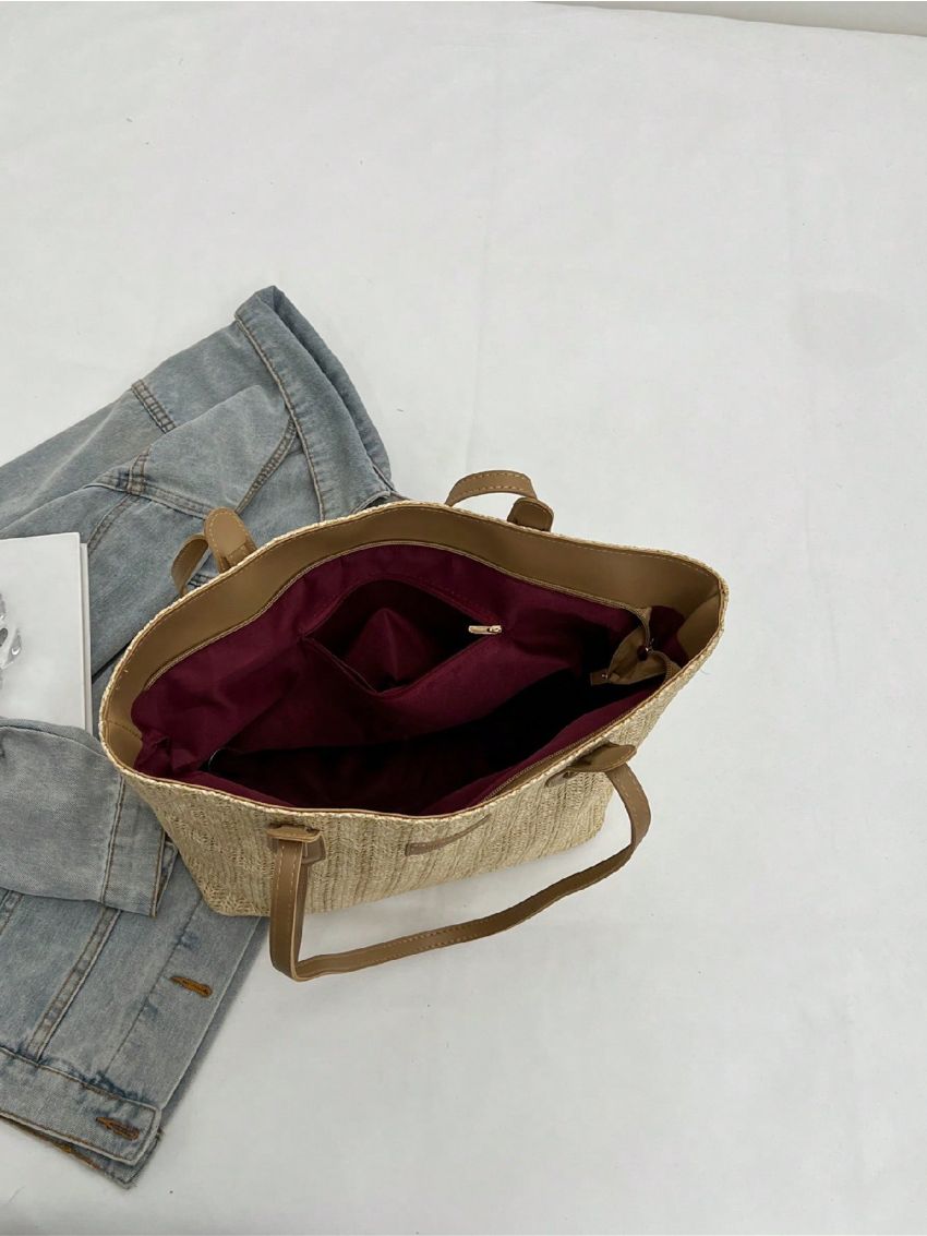 Straw Shoulder Tote Bag Letter Patch Decor