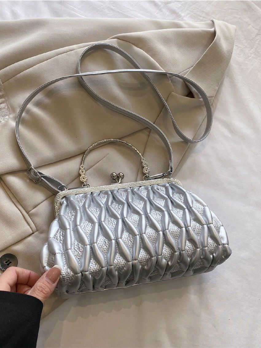 PU Ruched Bag Kiss Lock Silver