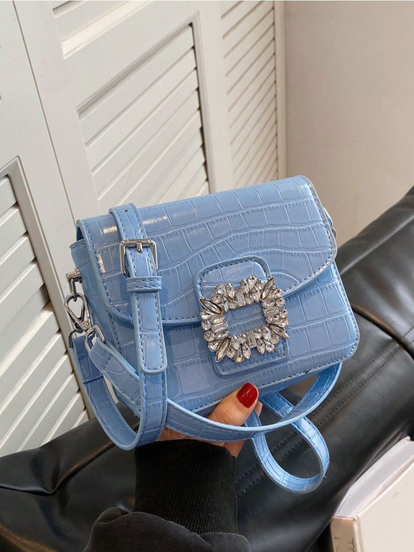 Rhinestone Decor Square Bag Crocodile Embossed Mini