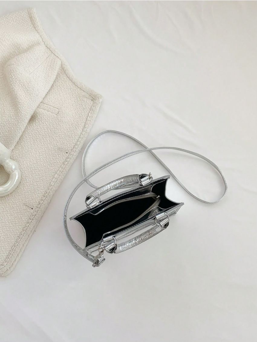 Mini Square Bag Zipper Front Decor Silver Double Handle