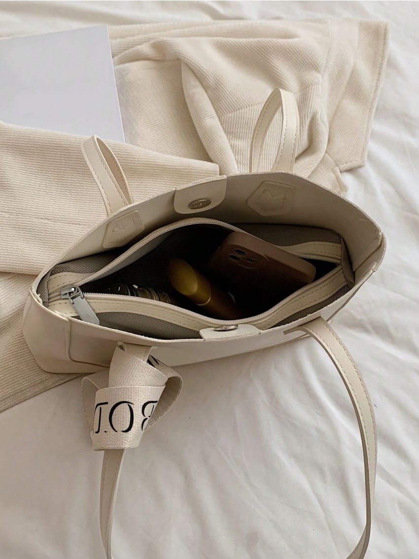 Small Shoulder Tote Bag Letter Tape Decor With Inner Pouch