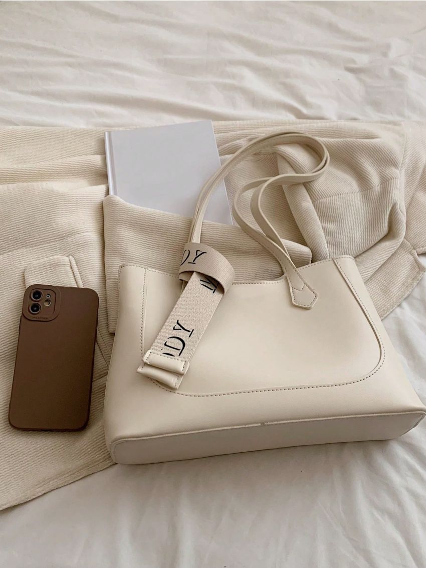 Small Shoulder Tote Bag Letter Tape Decor With Inner Pouch