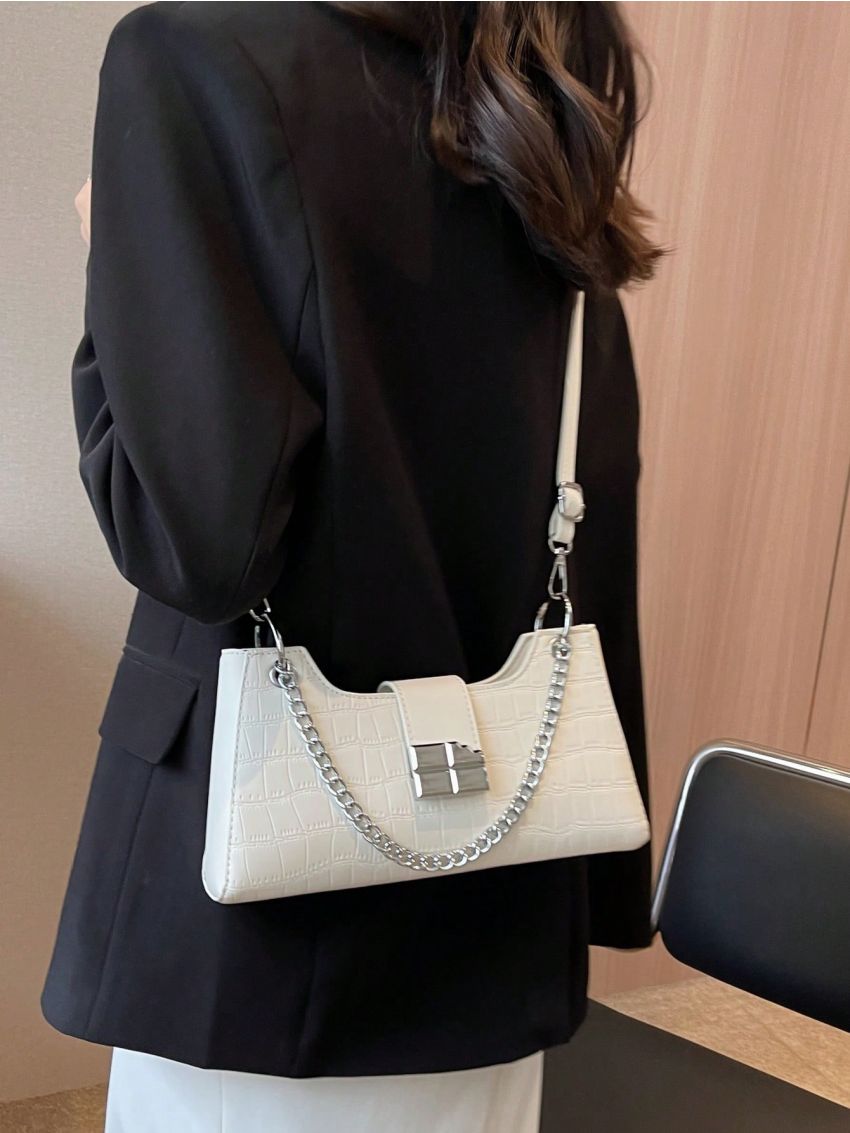 Medium Baguette Bag Geometric Embossed Metal Decor