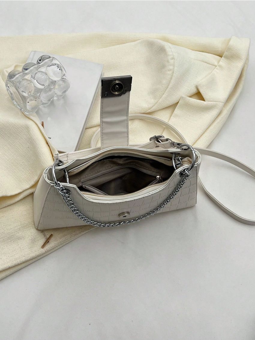 Medium Baguette Bag Geometric Embossed Metal Decor