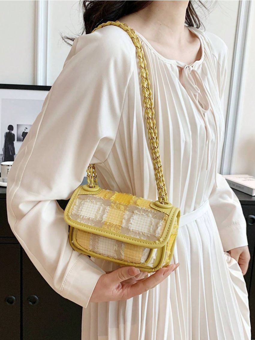 Mini Flap Square Bag Colorblock Raw Hem Detail