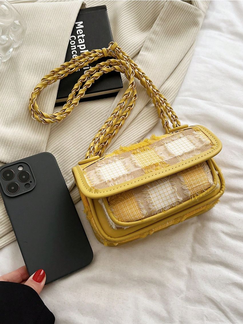 Mini Flap Square Bag Colorblock Raw Hem Detail