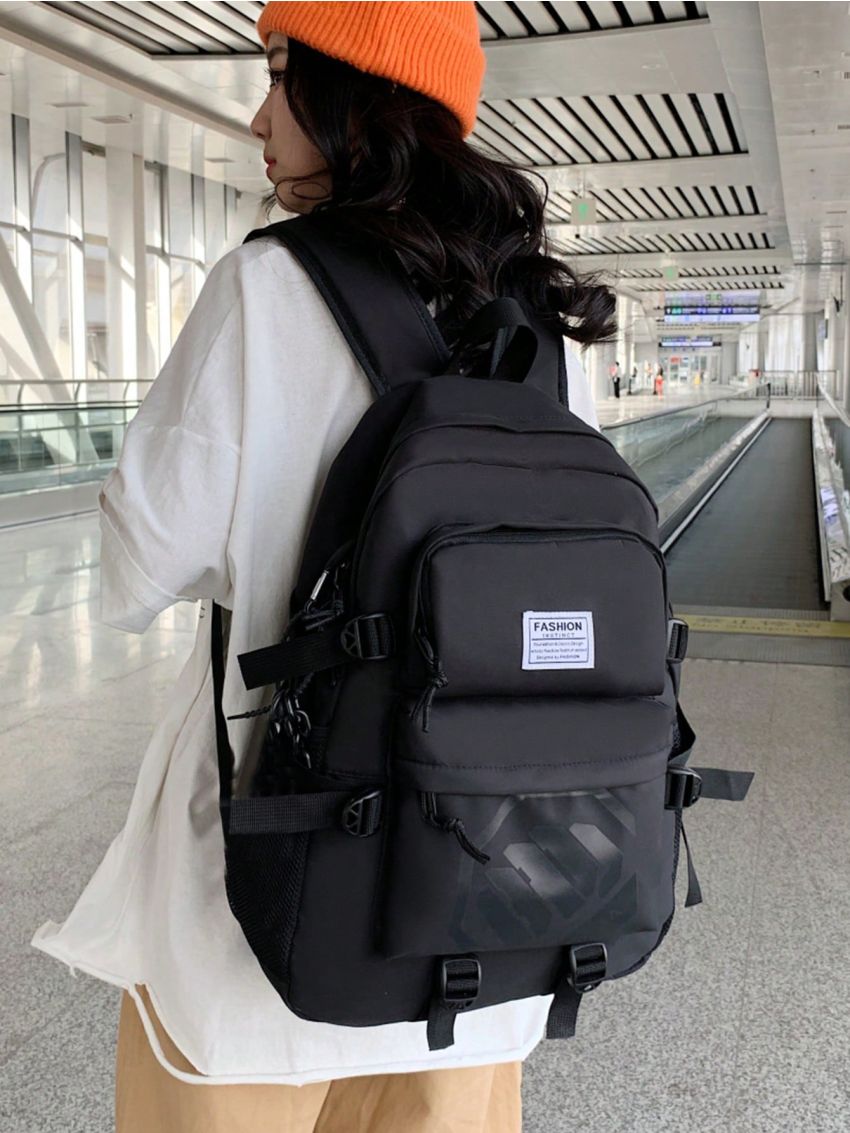 2pcs Bag Set Letter Patch Decor Classic Backpack Black Purse