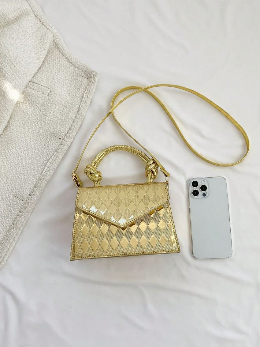 Mini Square Bag Black Geometric Pattern Top Handle For Daily