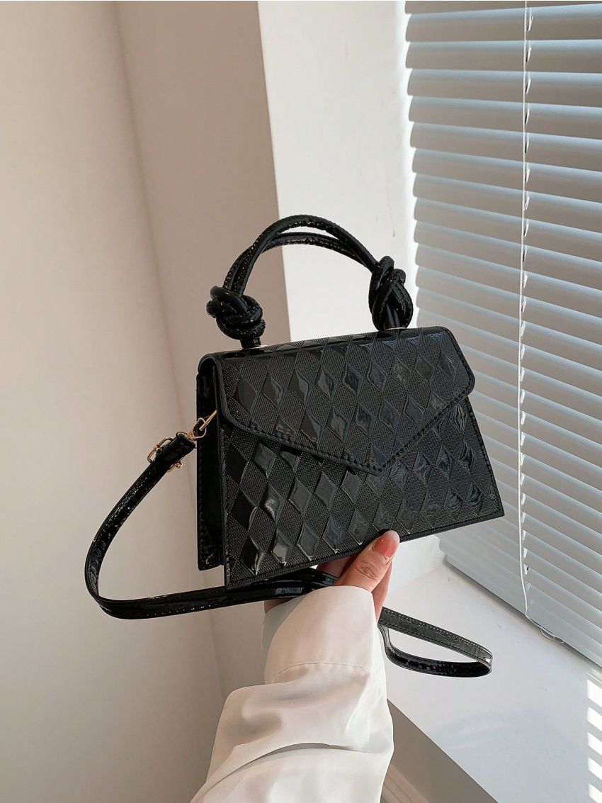 Mini Square Bag Black Geometric Pattern Top Handle For Daily