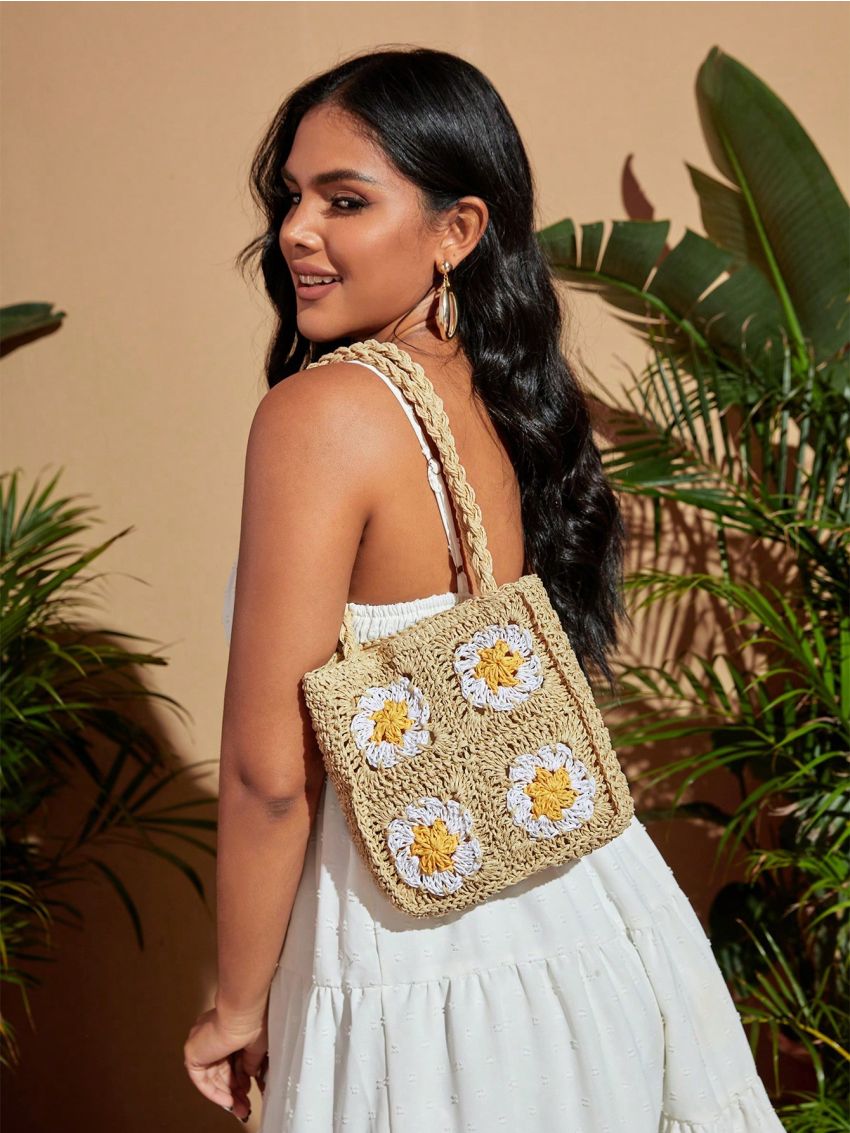 VCAY Mini Floral Pattern Straw Bag