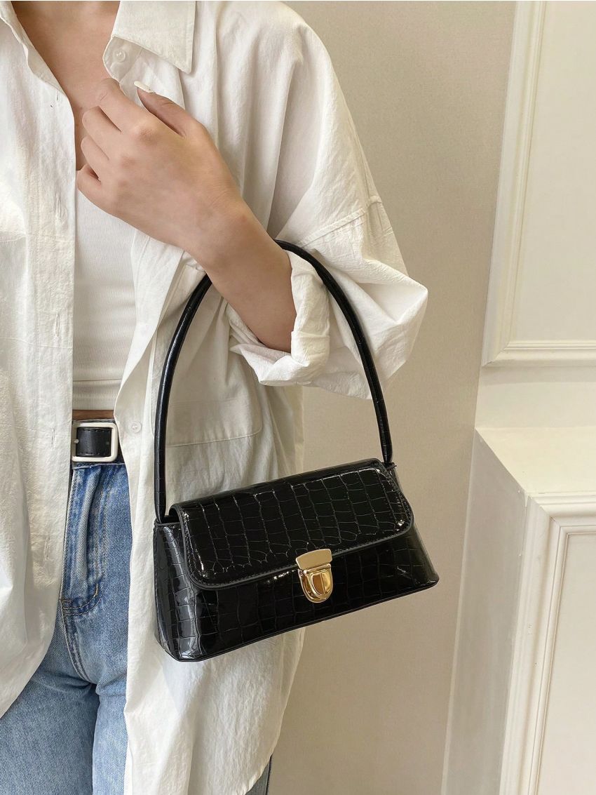 Crocodile Embossed Baguette Bag Flap Small