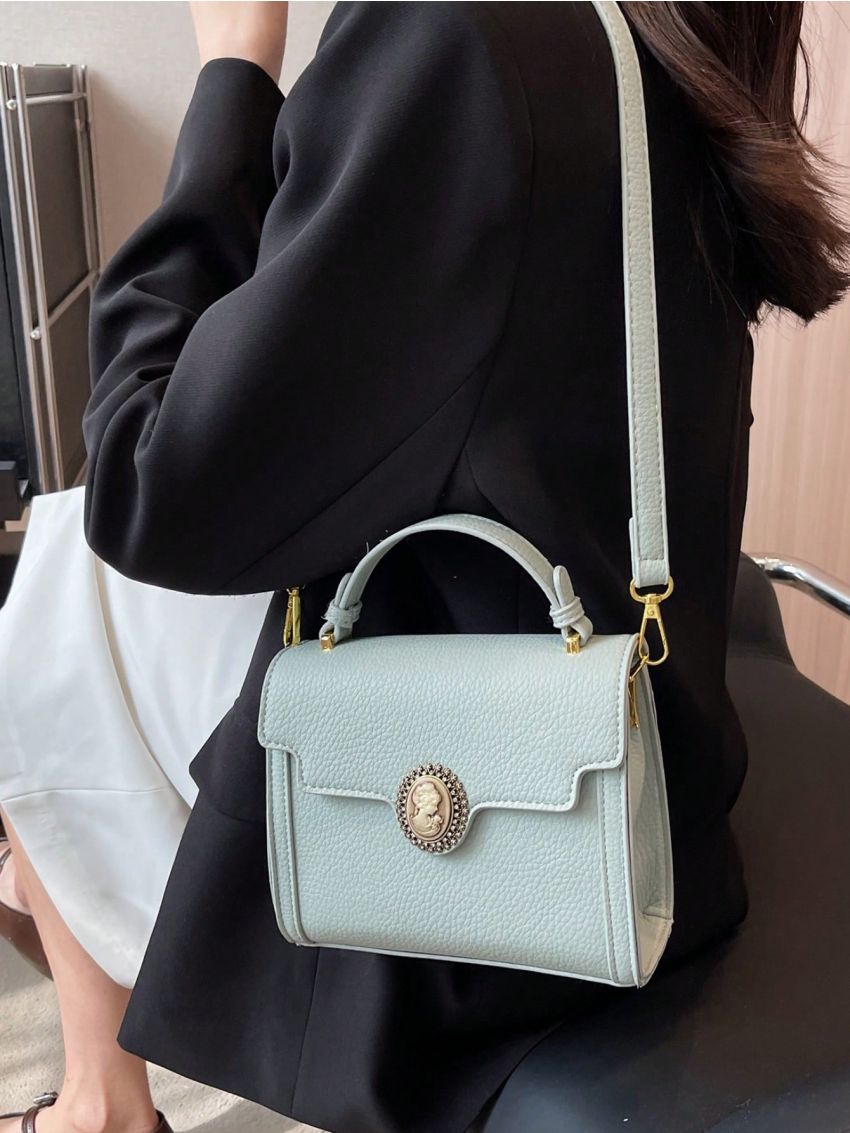 Mini Flap Square Bag Litchi Embossed Metal Decor