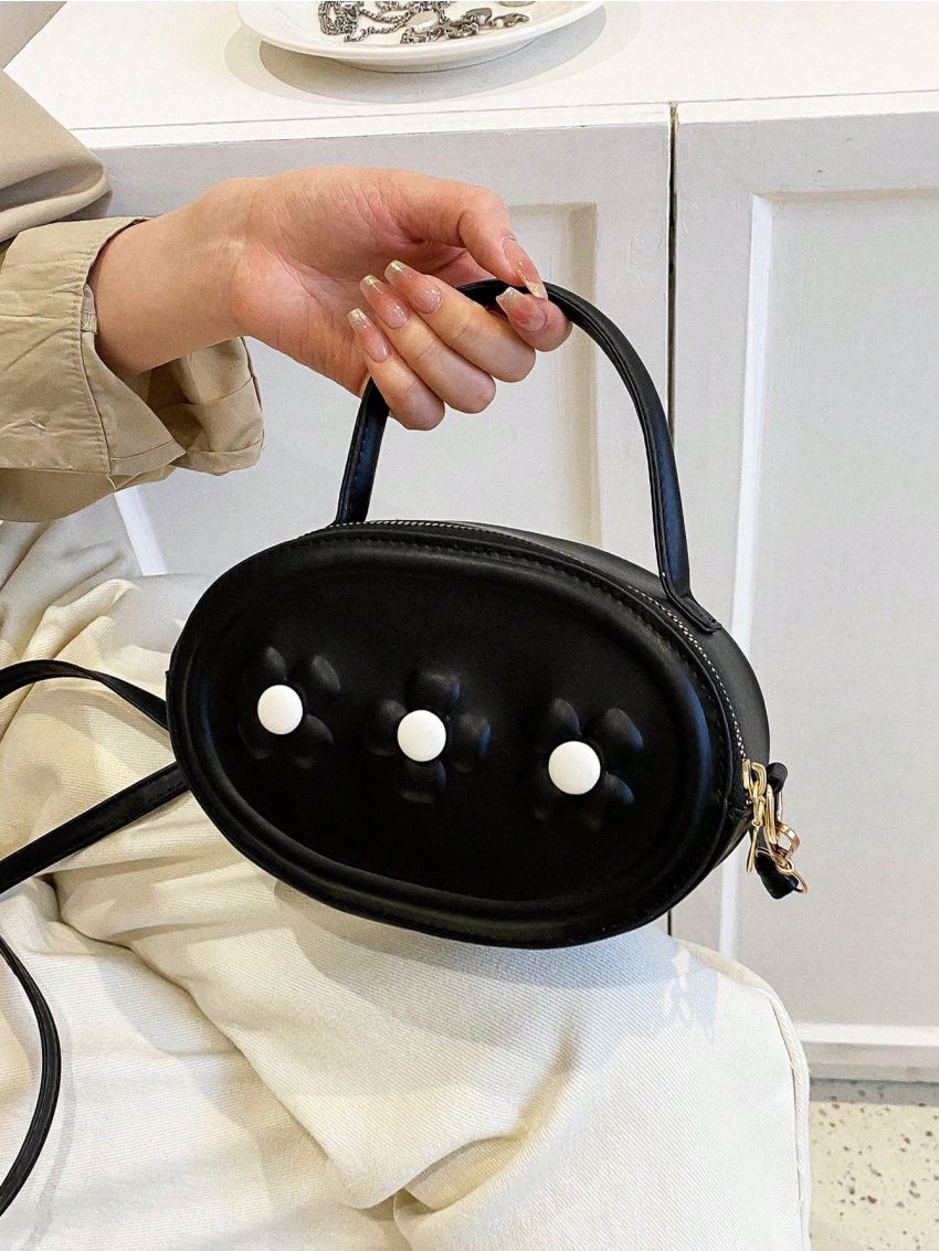 Mini Circle Bag Flower Decor Black
