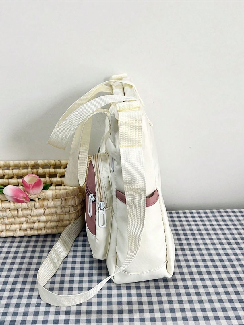 Two Tone Shopper Bag Pocket Front Preppy