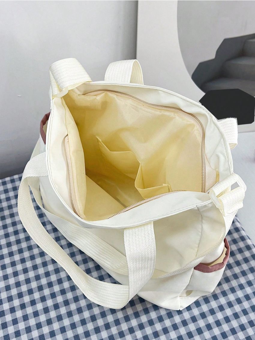 Two Tone Shopper Bag Pocket Front Preppy