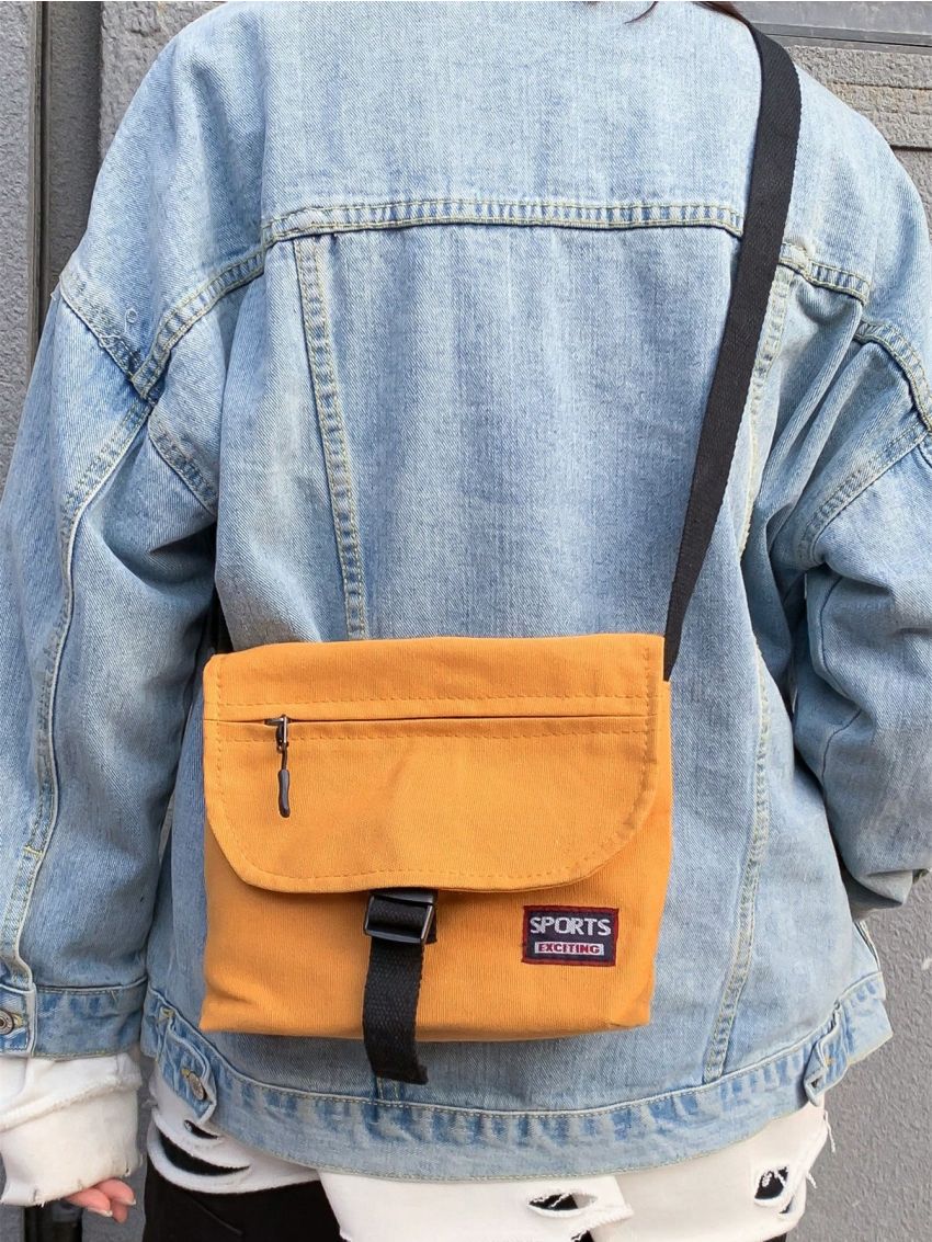 Letter Patch Messenger Bag Zipper Front Decor Adjustable Strap For Daily