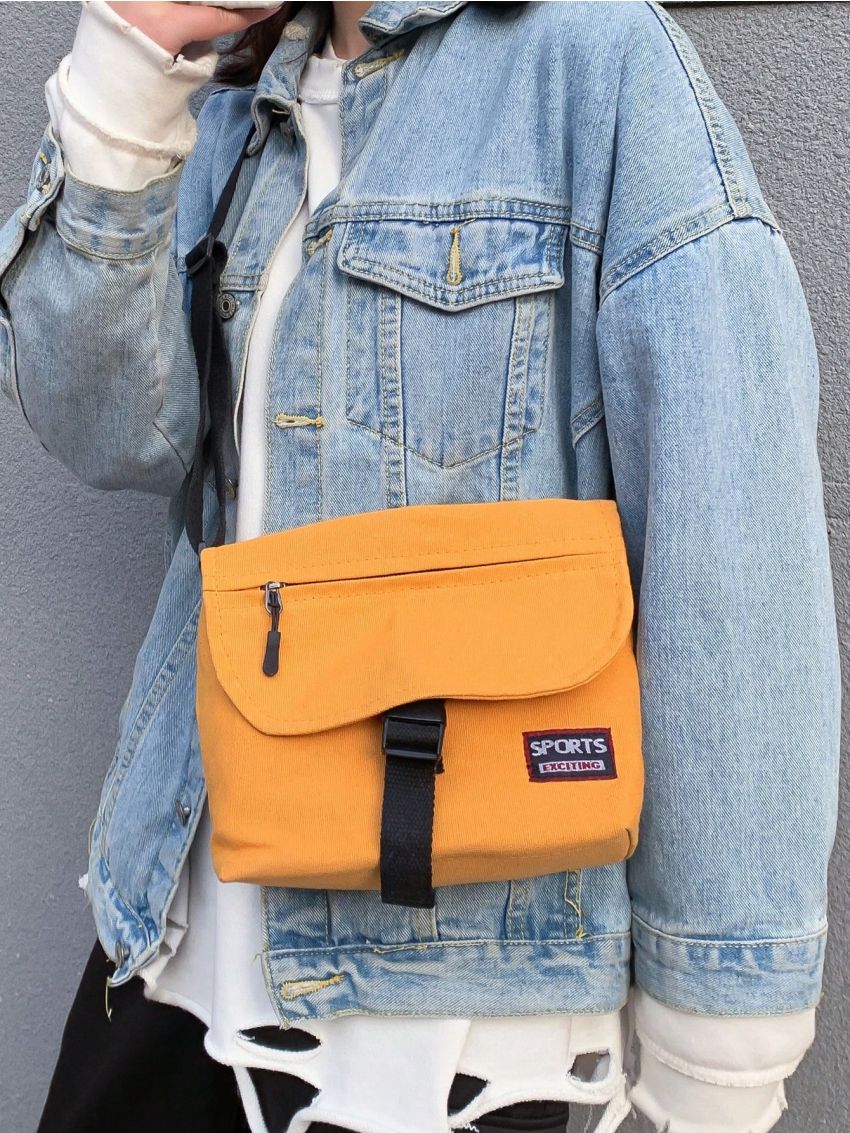 Letter Patch Messenger Bag Zipper Front Decor Adjustable Strap For Daily