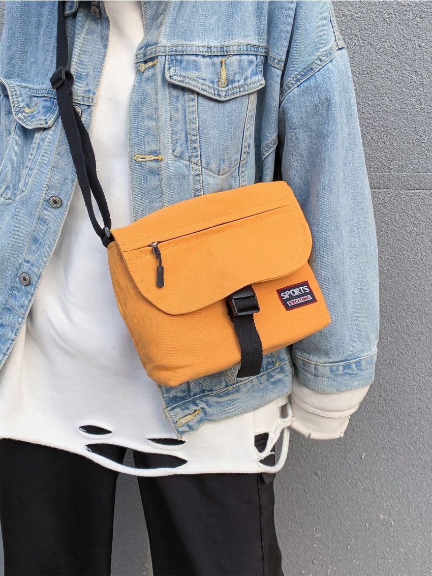 Letter Patch Messenger Bag Zipper Front Decor Adjustable Strap For Daily