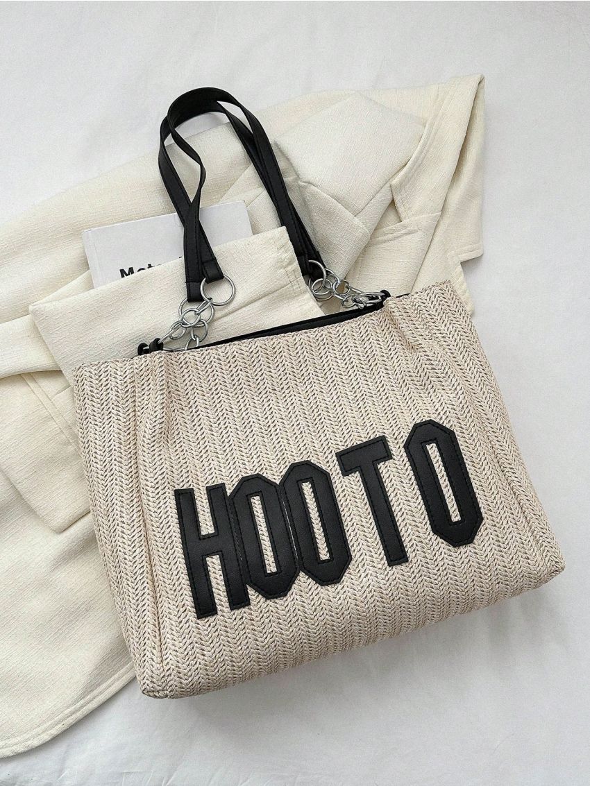 Medium Straw Bag Letter Patch Double Handle For Vacation