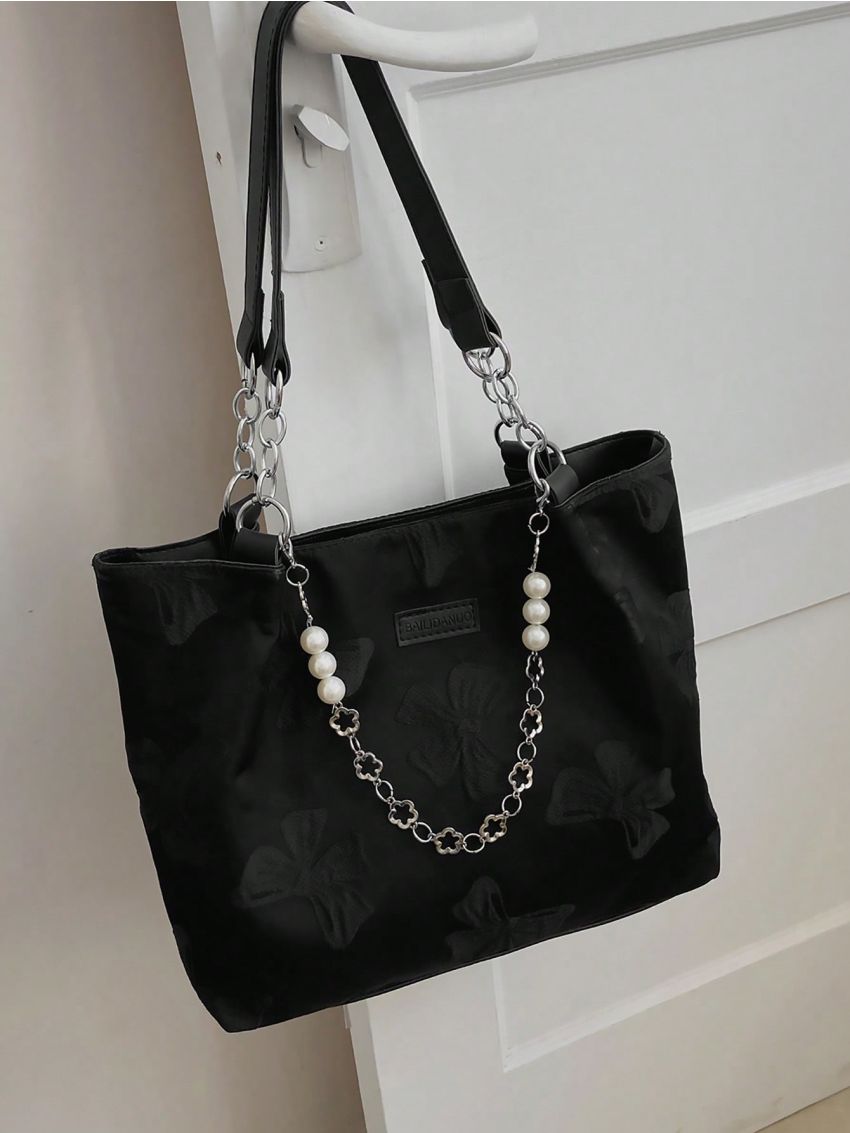 Chain Shoulder Tote Bag Bow Embroidered Faux Pearl Decor