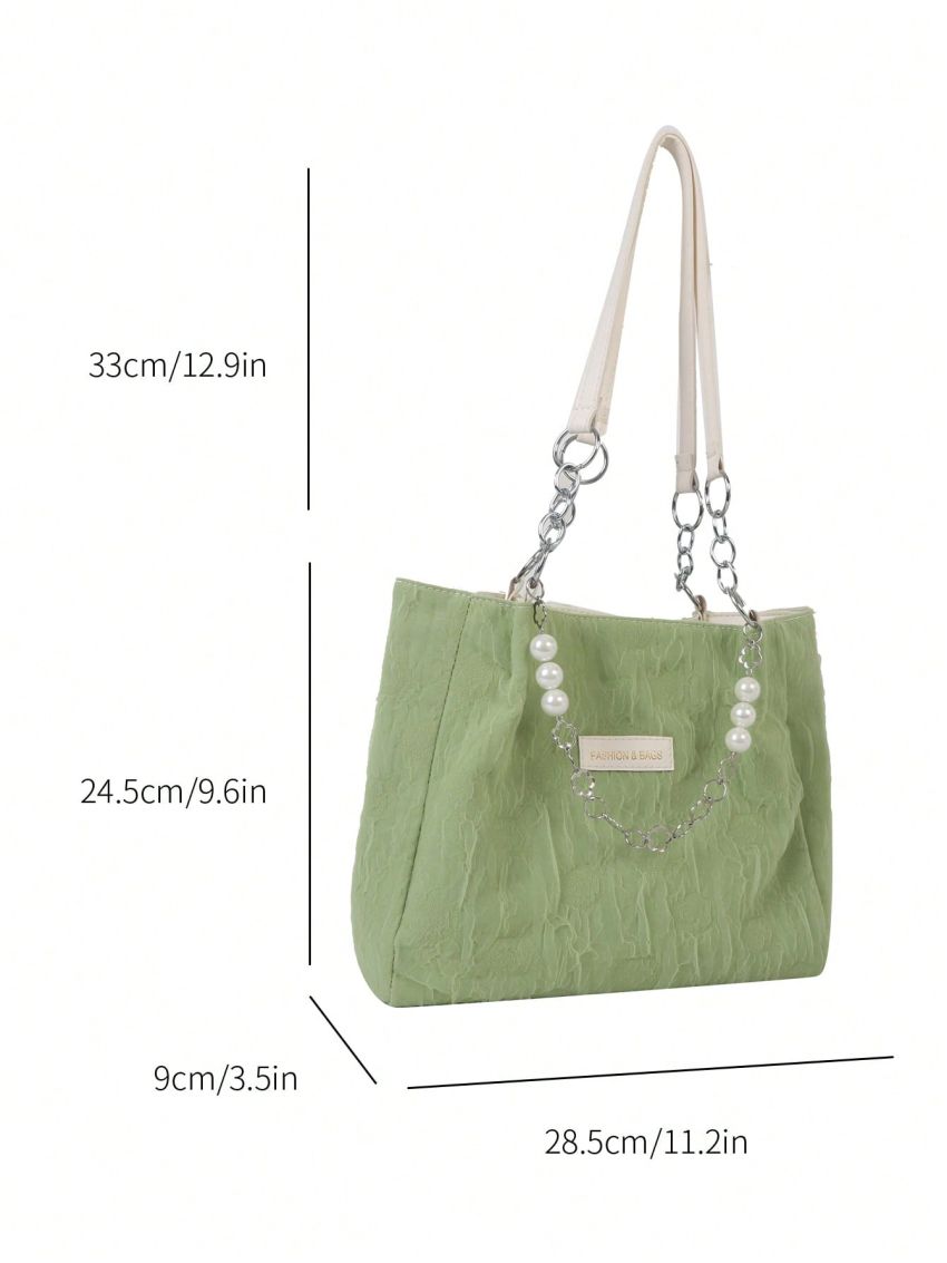 Medium Shoulder Bag Letter Patch Decor Double Handle Faux Pearl Decor