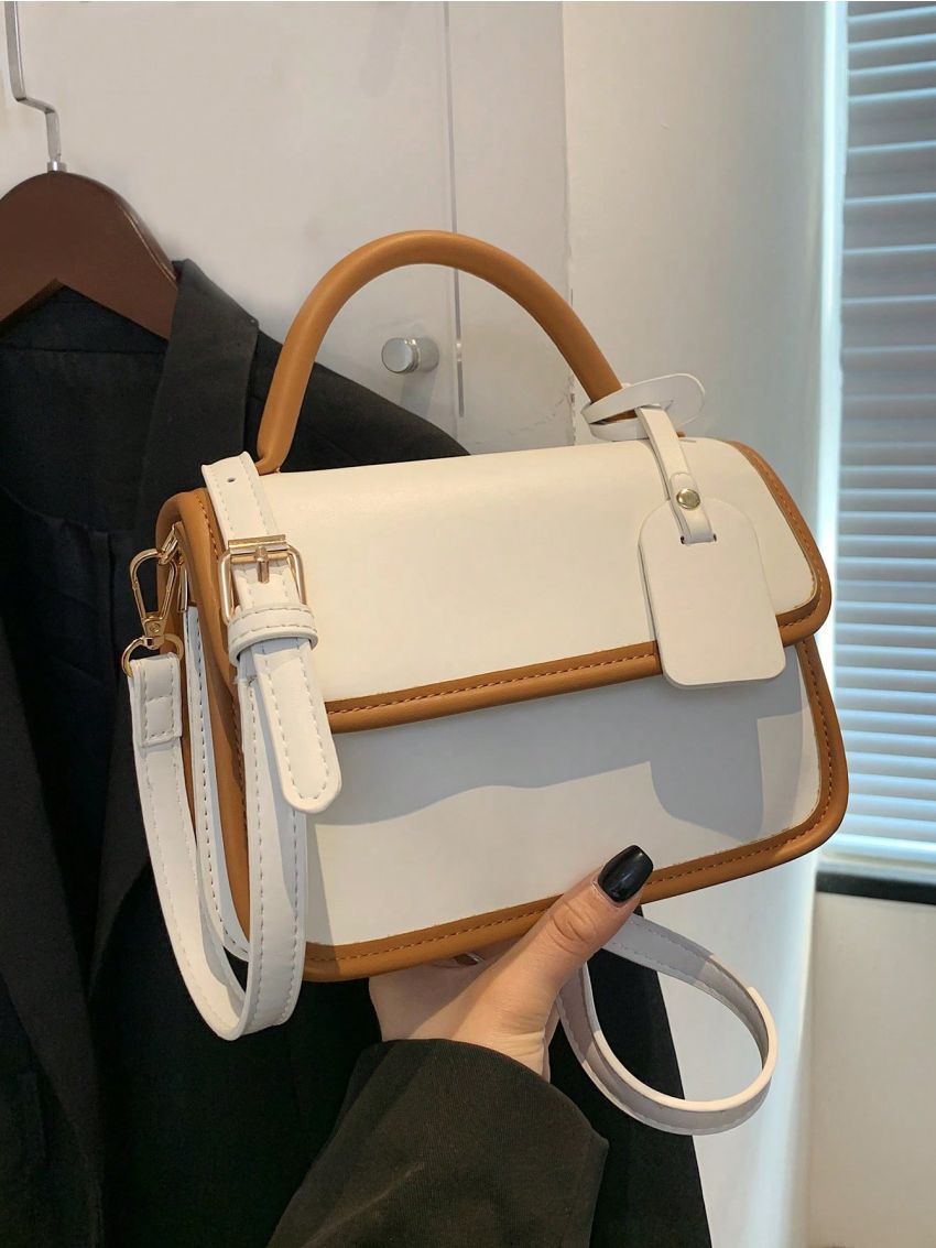 Small Square Bag Contrast Trim Flap PU