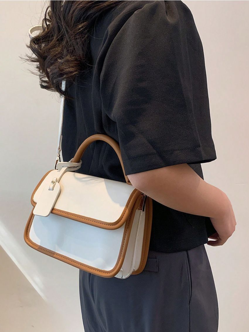 Small Square Bag Contrast Trim Flap PU
