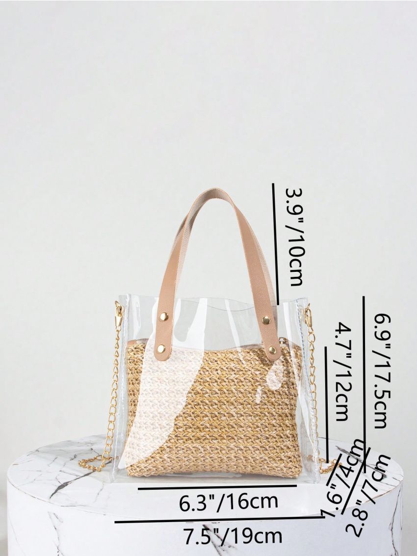 Clear PVC Square Bag Chain Strap With Straw Inner Pouch For Vacation