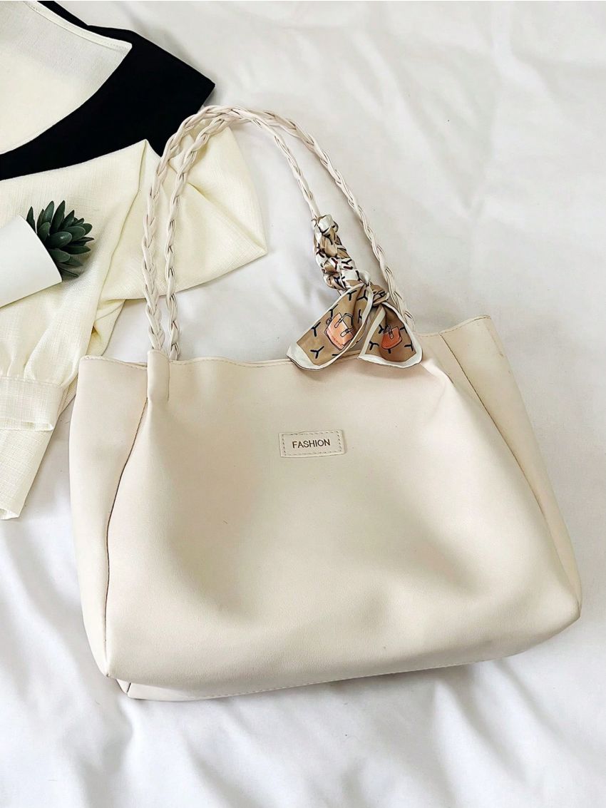 Medium Shoulder Tote Bag Letter Patch & Twilly Scarf Decor PU