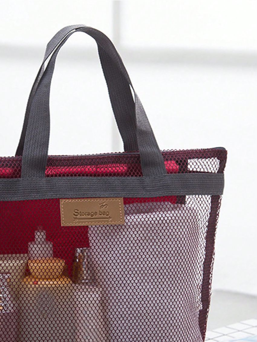 Mesh Design Beach Bag Letter Patch Decor With Zipper