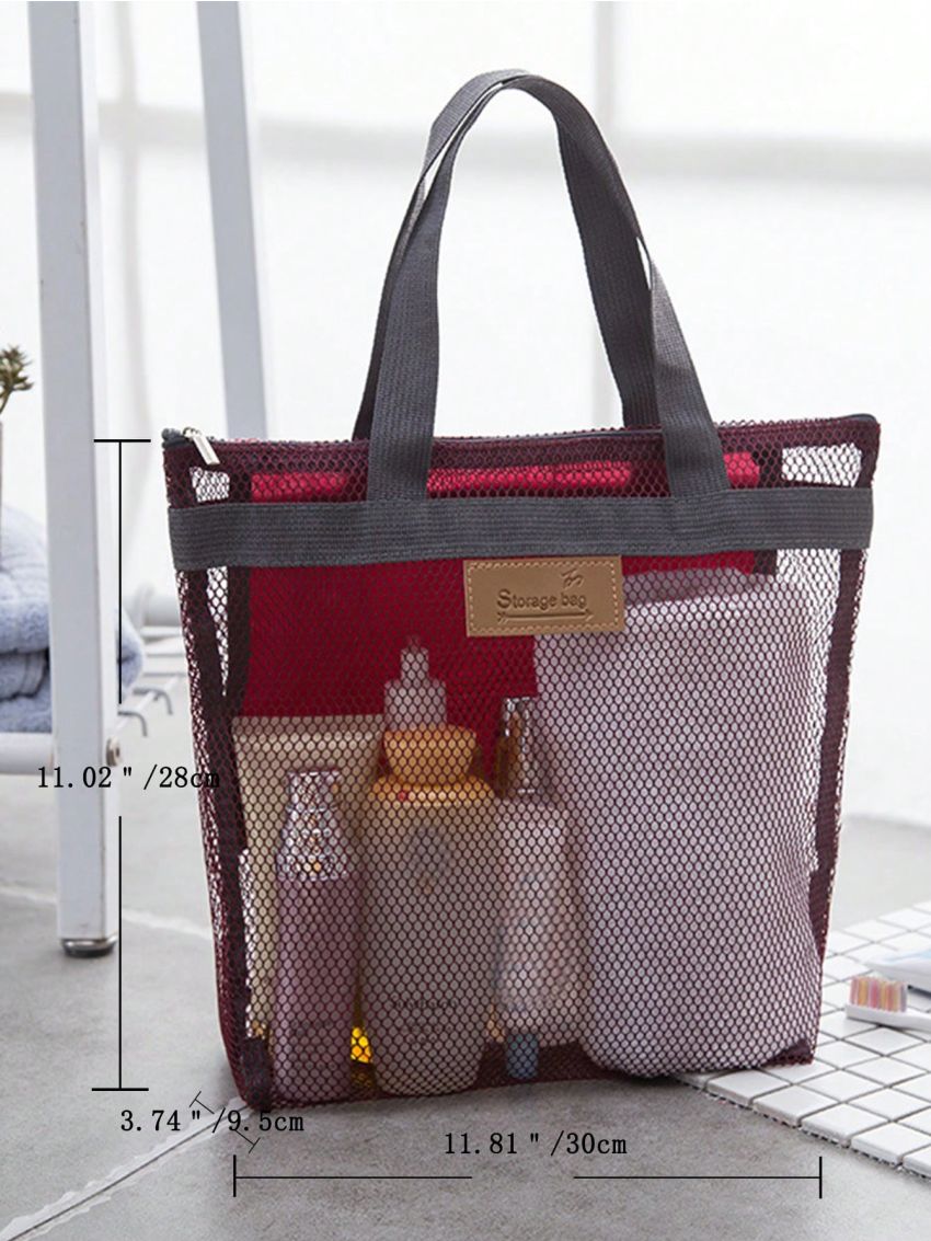 Mesh Design Beach Bag Letter Patch Decor With Zipper