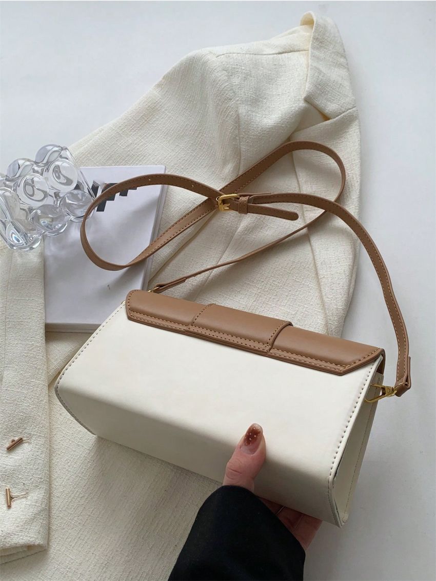Colorblock Square Bag Small Buckle Decor Flap