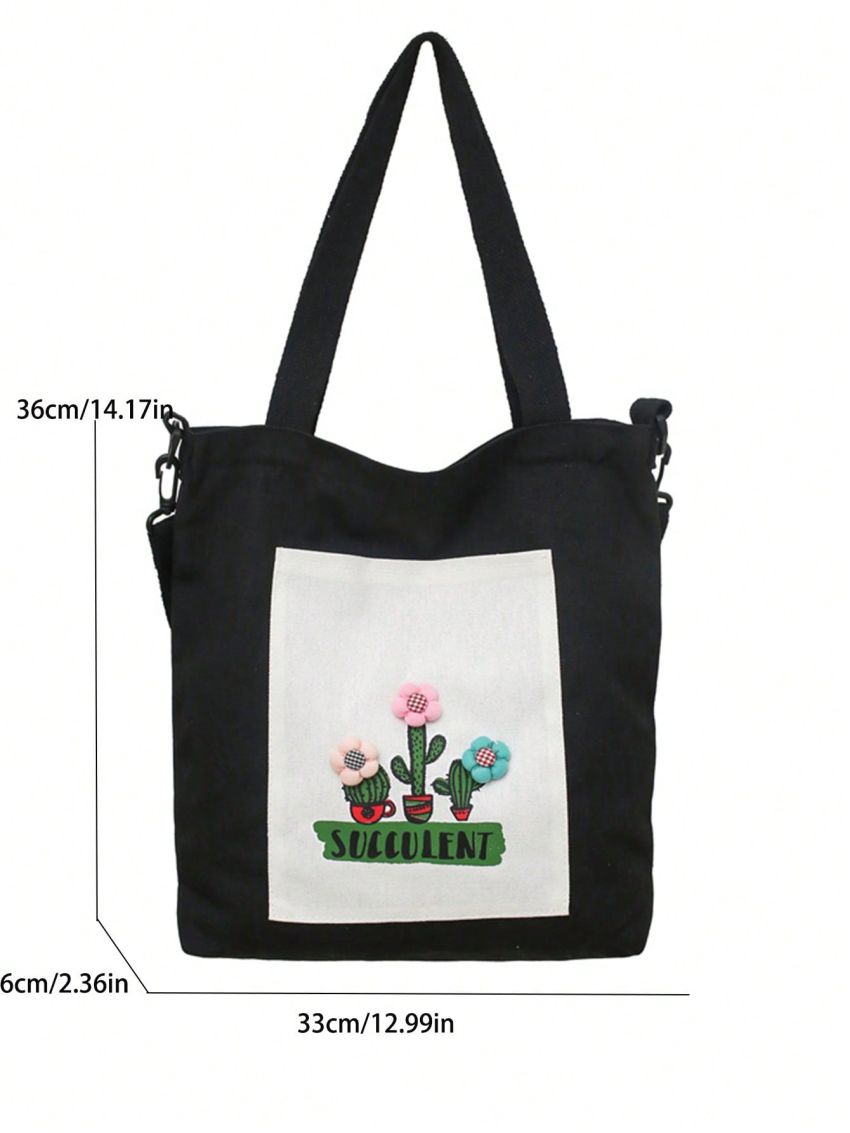 Small Shopper Bag Letter & Plant Graphic Preppy
