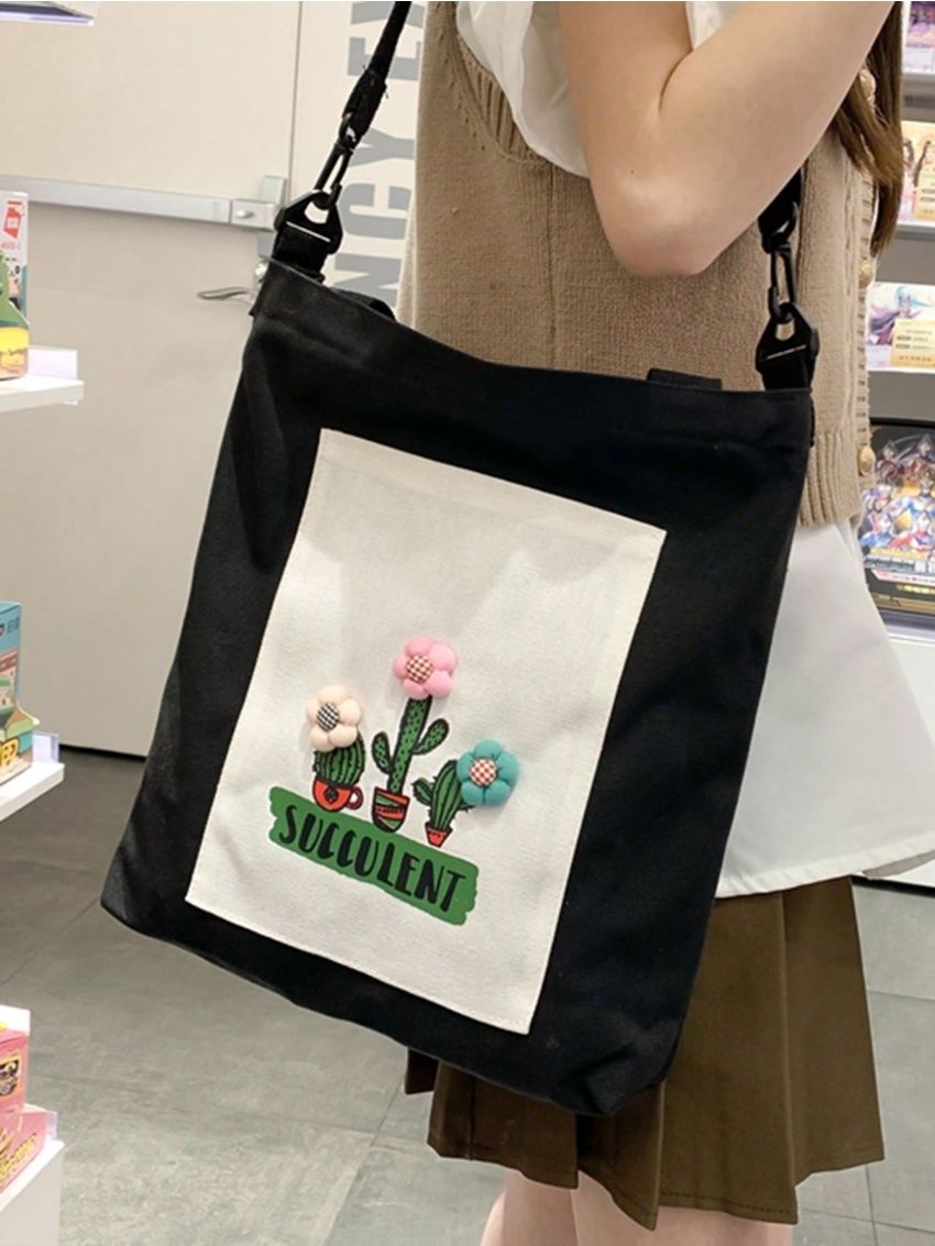 Small Shopper Bag Letter & Plant Graphic Preppy