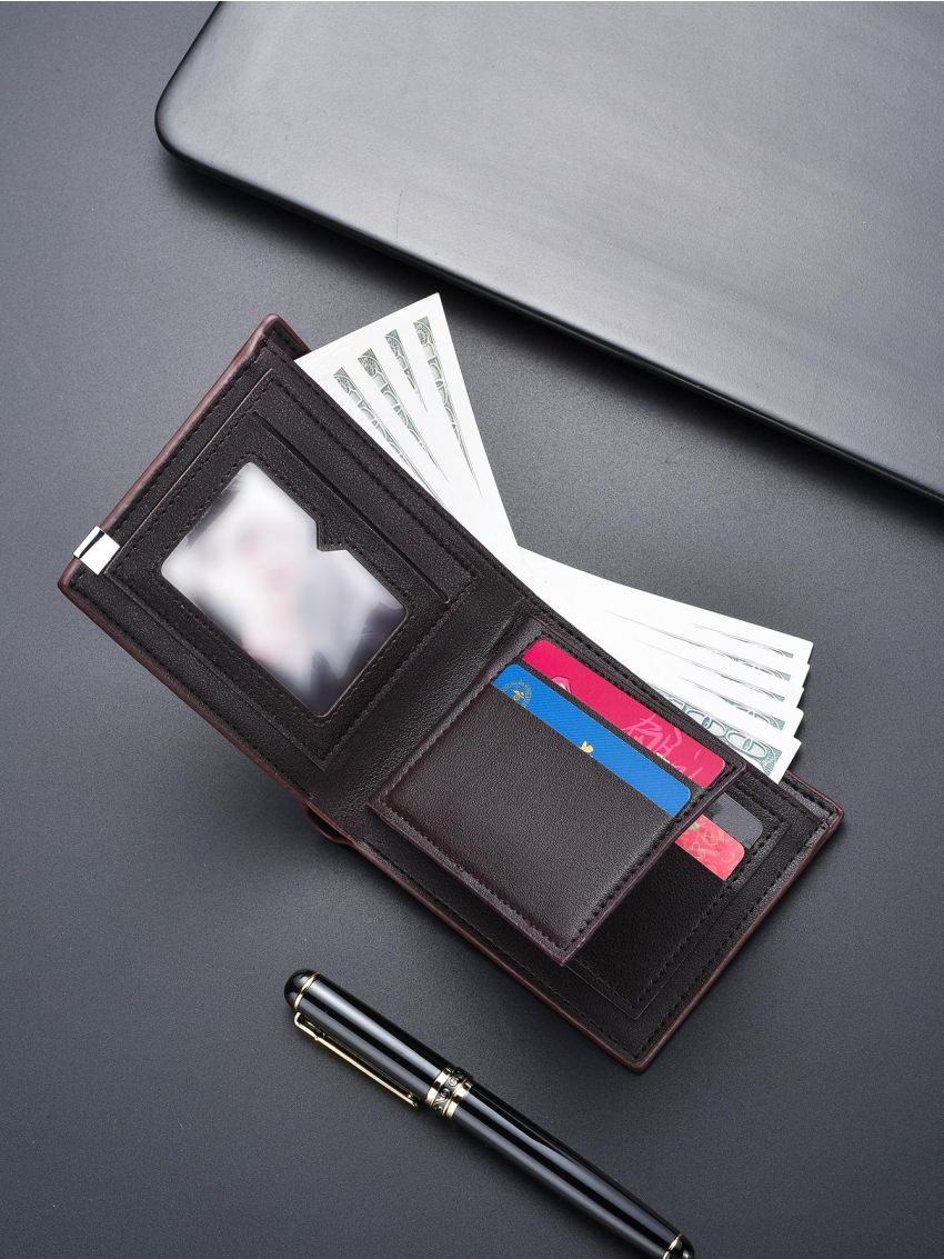 Litchi Embossed Slim Small Wallet Metal Decor Vintage