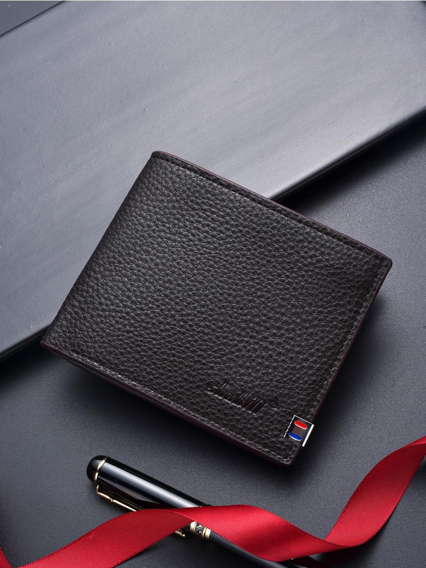 Litchi Embossed Slim Small Wallet Metal Decor Vintage